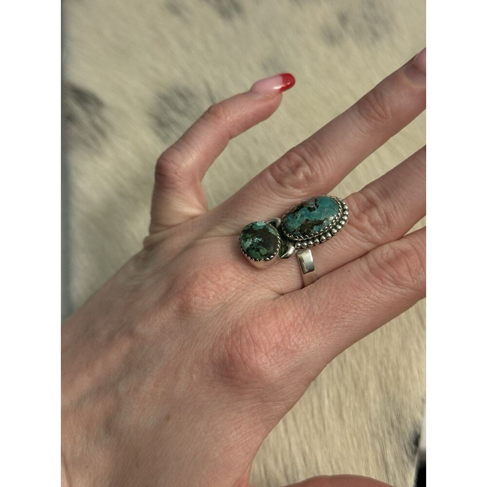 Sterling Silver Blue Hubei Turquoise Double Stone Adjustable Ring Sawtooth 925 - Picture 3 of 14